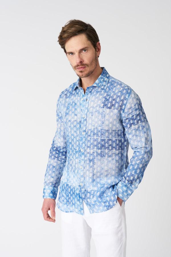 120% lino Patchwork Effect Slim Fit Shirt AIR