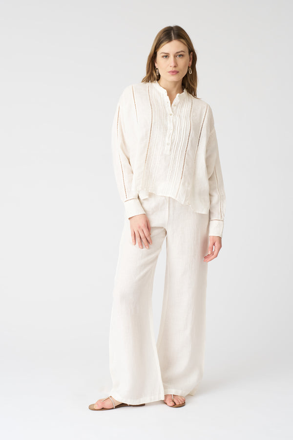 120% Lino Pintuck Blouse With Eyelet Detail MILK