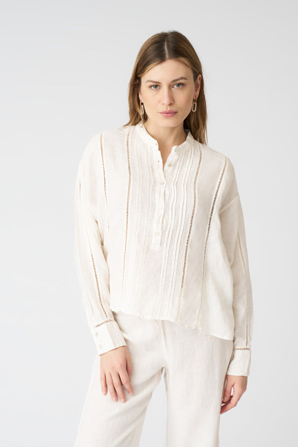 120% lino Pintuck Blouse with Eyelet Detail MILK
