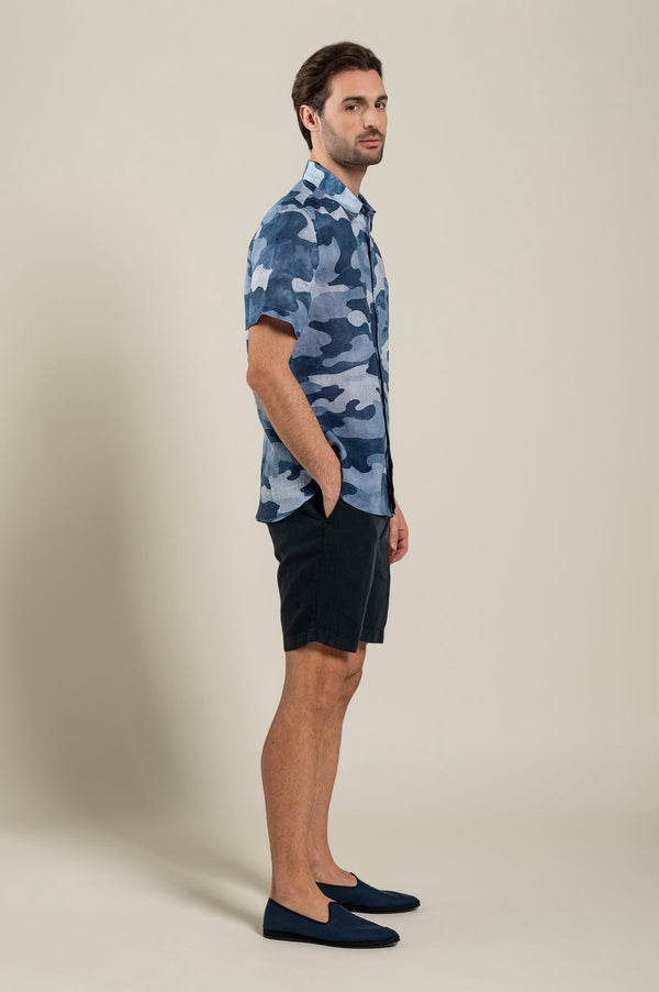 120% Lino Regular Fit Camo Print Shirt NAVY