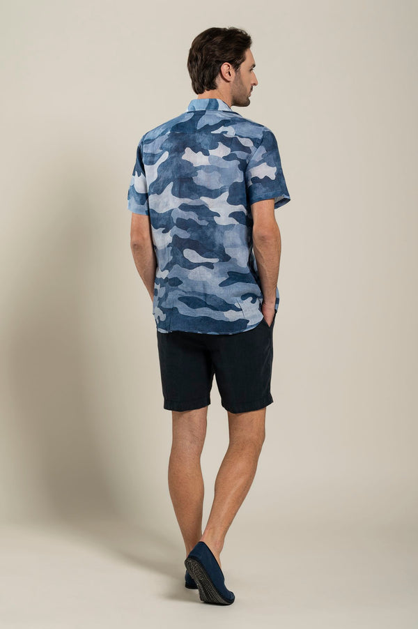 120% Lino Regular Fit Camo Print Shirt NAVY