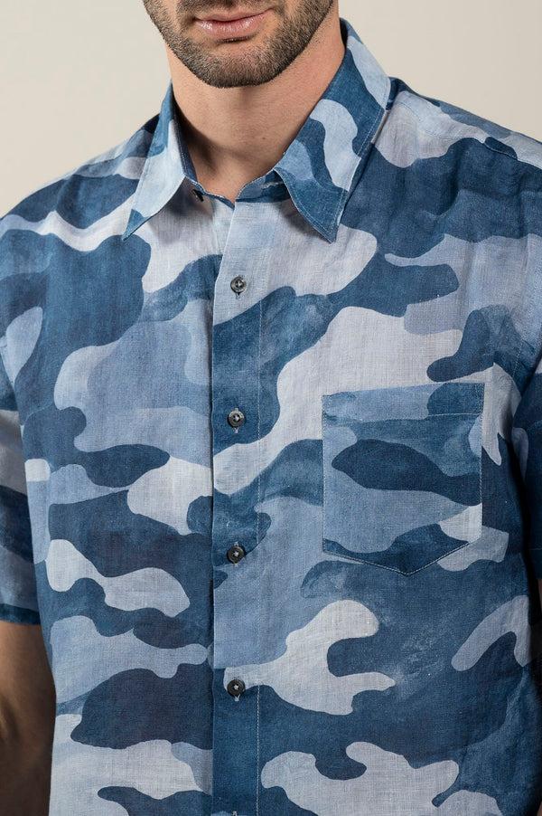 120% Lino Regular Fit Camo Print Shirt NAVY