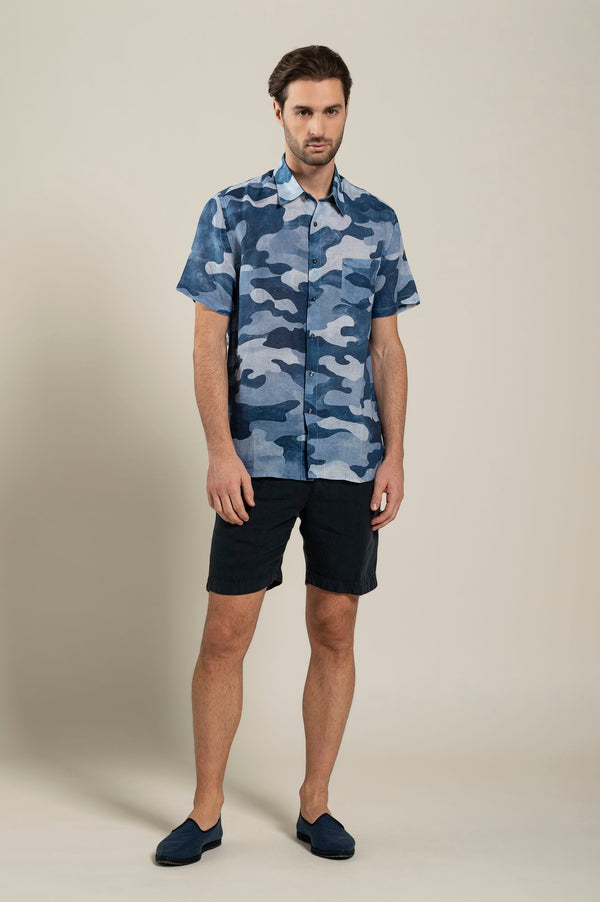120% lino Regular Fit Camo Print Shirt NAVY