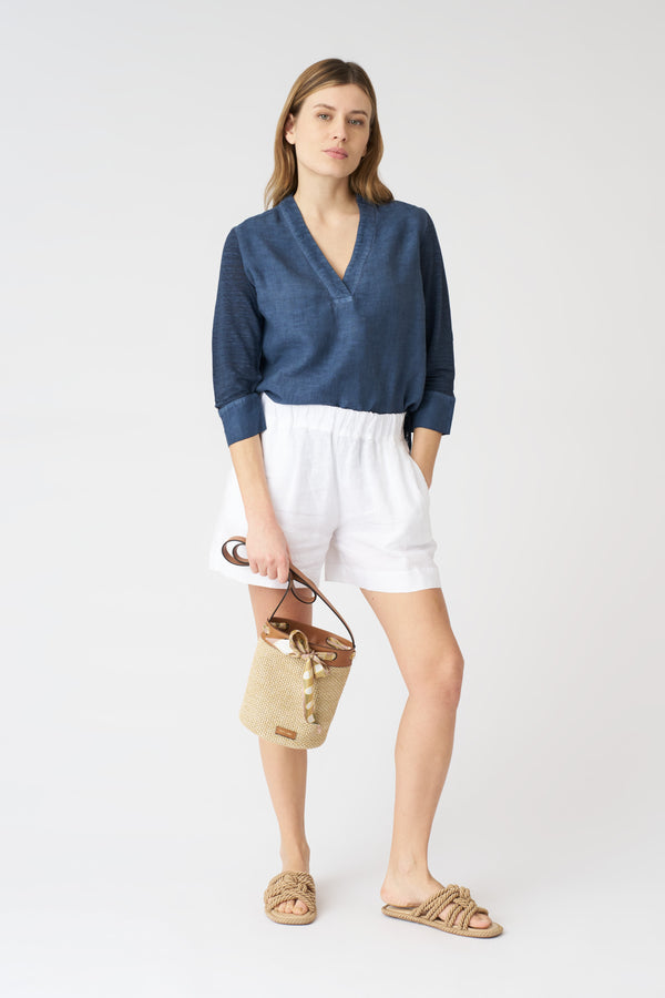 120% Lino Relaxed V-Neck Blouse NAVY FADE