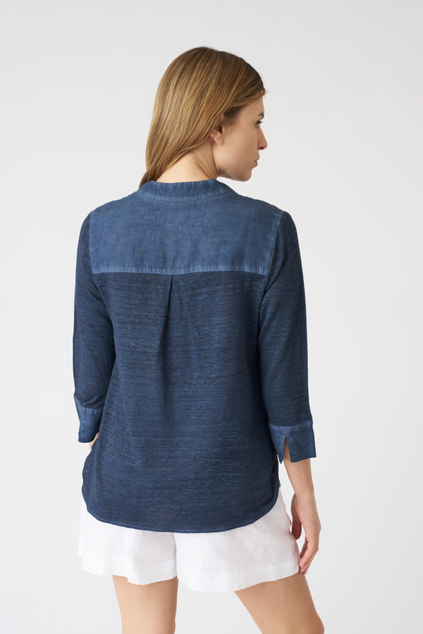 120% Lino Relaxed V-Neck Blouse NAVY FADE