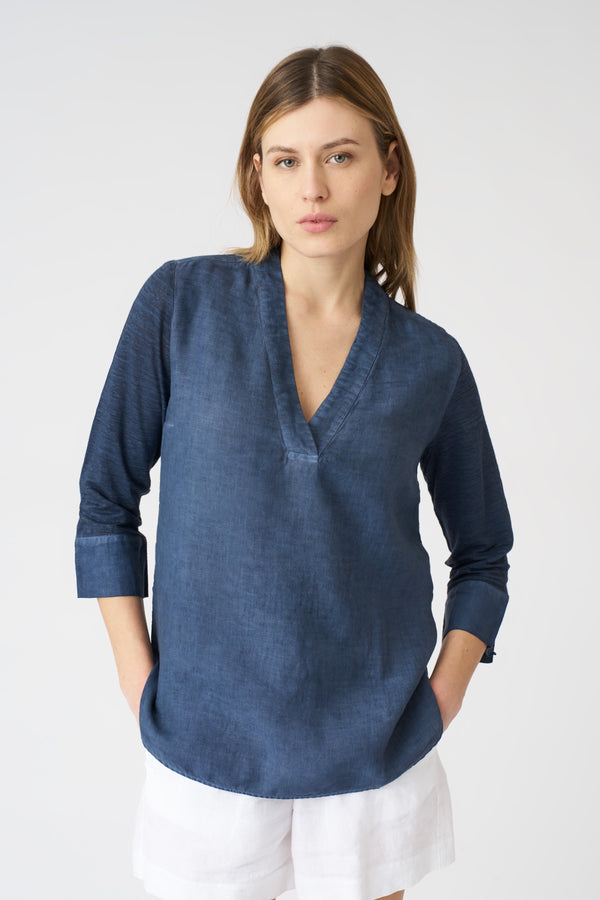 120% lino Relaxed V-Neck Blouse NAVY FADE