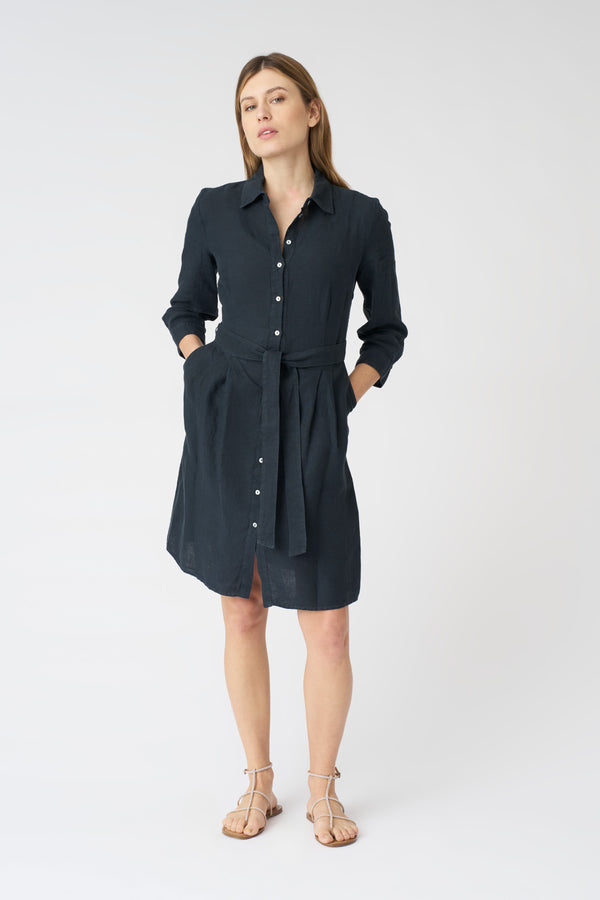 120% lino Shirt Dress with Belt NIGHT BLU
