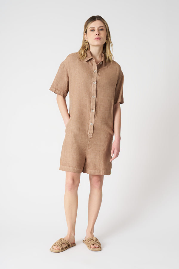 120% Lino Short Jumpsuit TABACCO SOFT FADE