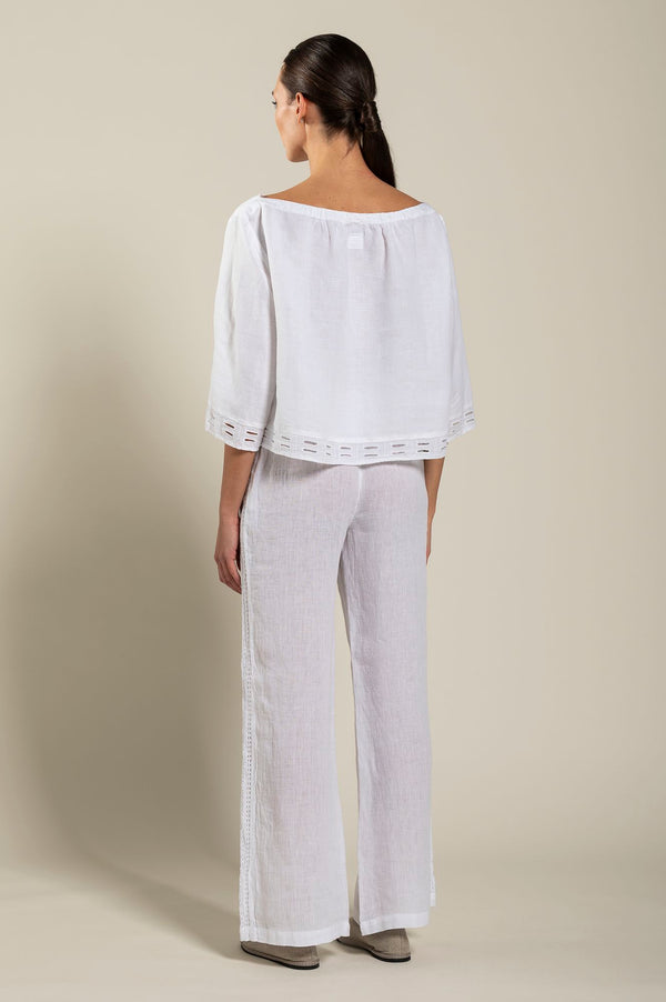 120% Lino Short Sleeve Boat-Neck Blouse WHITE