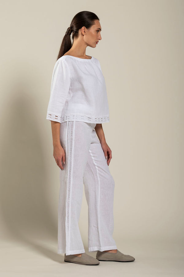 120% Lino Short Sleeve Boat-Neck Blouse WHITE