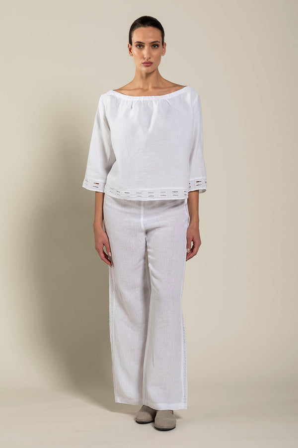 120% Lino Short Sleeve Boat-Neck Blouse WHITE
