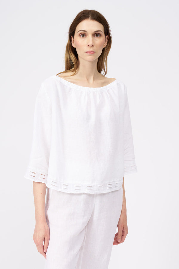 120% lino Short Sleeve Boat-Neck Blouse WHITE