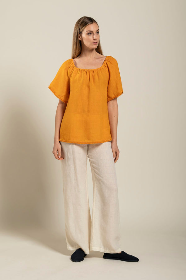 120% Lino Short Sleeve Woman Blouse WHITE