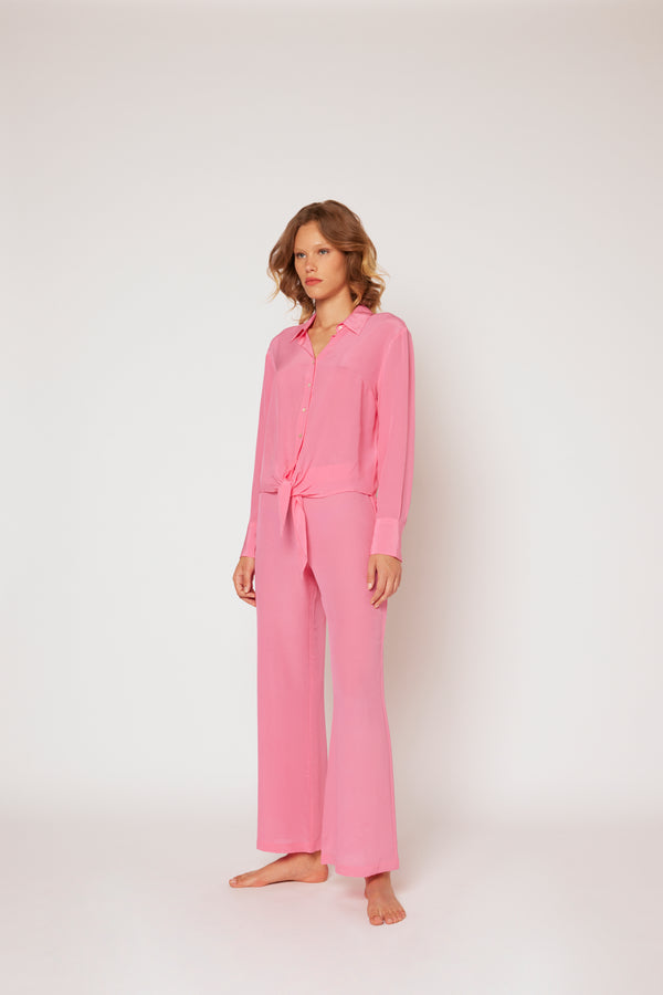 120% Lino Silk Tie Front Shirt SKY