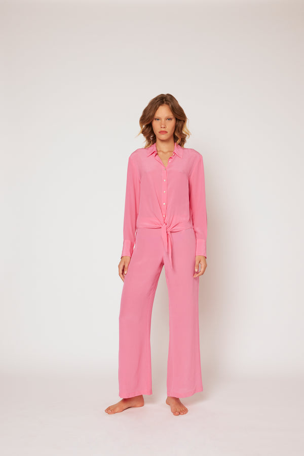 120% Lino Silk Tie Front Shirt SKY