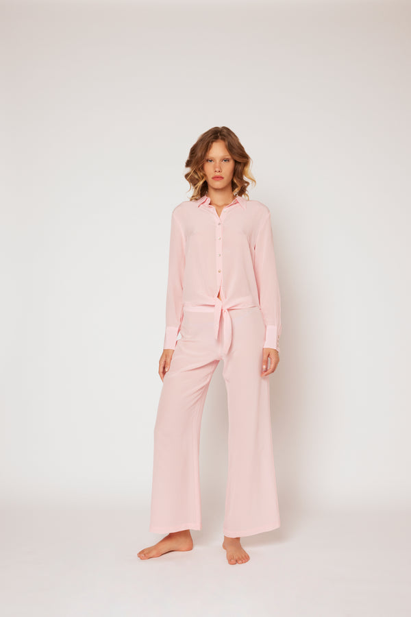 120% Lino Silk Tie Front Shirt SKY