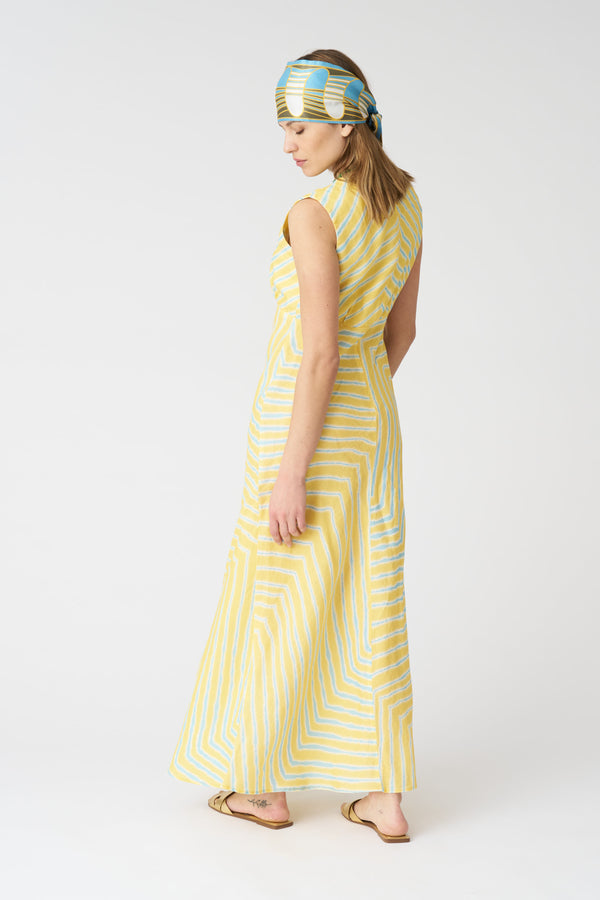 120% Lino Stripe Wave V-Neck Maxi Dress PRINT