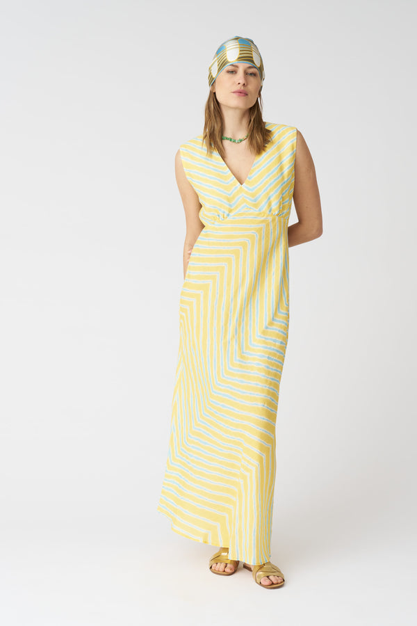 120% lino Stripe Wave V-Neck Maxi Dress PRINT