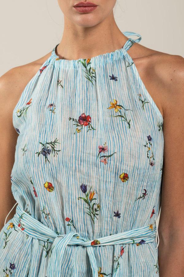 120% Lino Striped Floral Dress PRINT