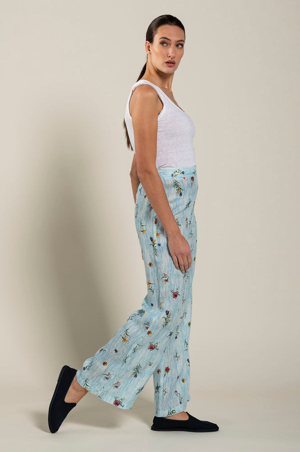 120% Lino Striped Floral Printed Pant PRINT