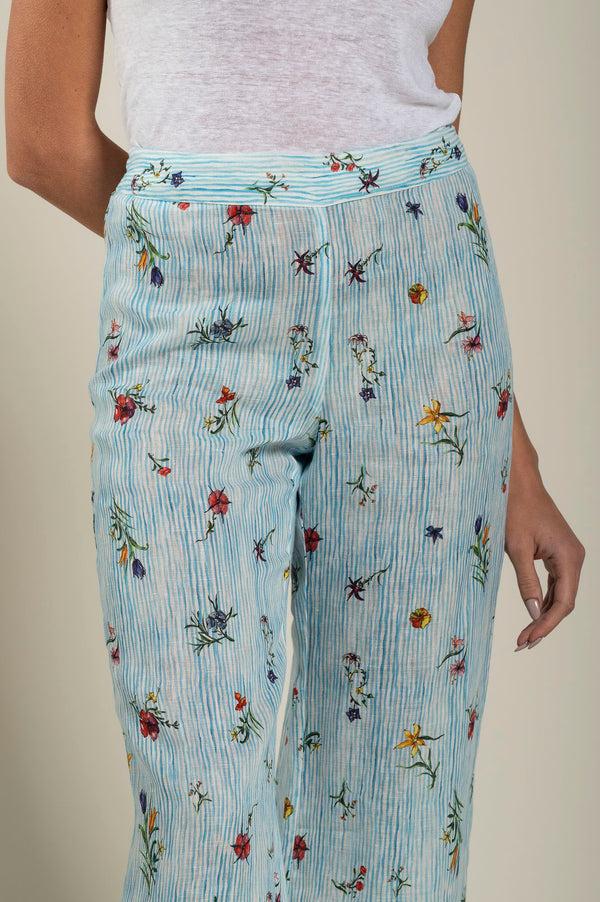 120% Lino Striped Floral Printed Pant PRINT