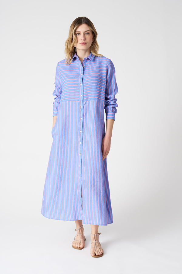 120% lino Striped Shirt Dress WASHED SKY