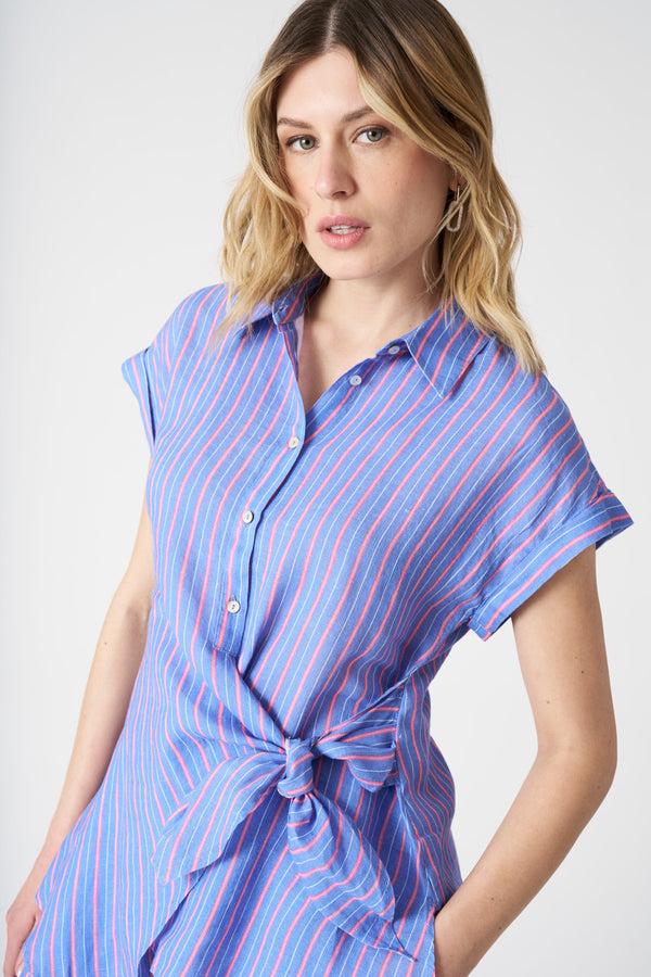 120% Lino Striped Shirt With Draped Knot WASHED SKY