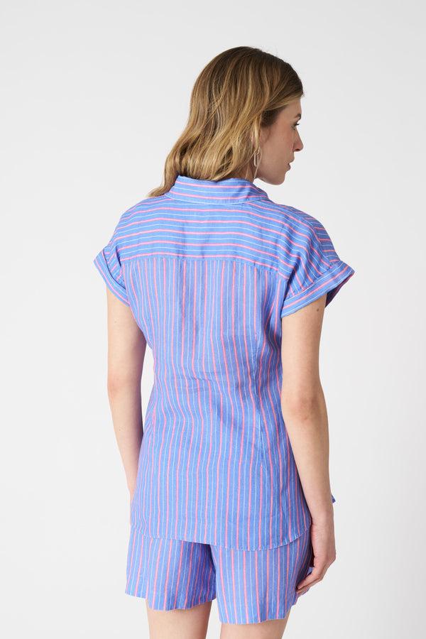 120% Lino Striped Shirt With Draped Knot WASHED SKY
