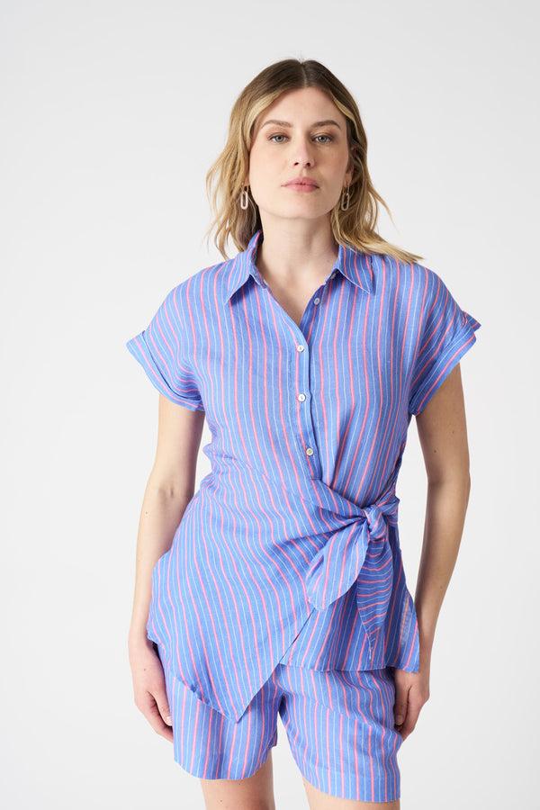 120% lino Striped Shirt with Draped Knot WASHED SKY
