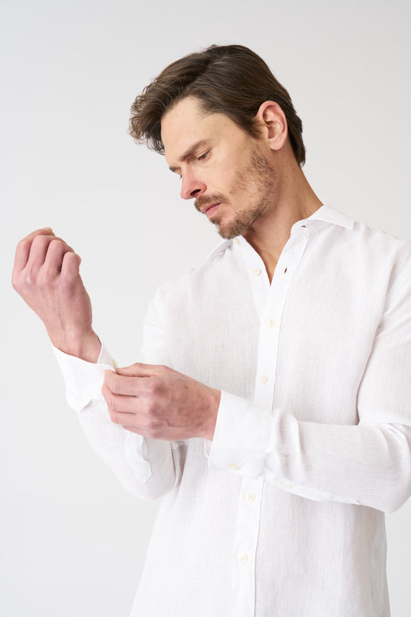 120% Lino Textured Linen Slim Fit Shirt WHITE