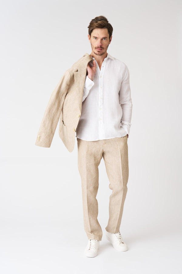 120% Lino Textured Linen Slim Fit Shirt WHITE