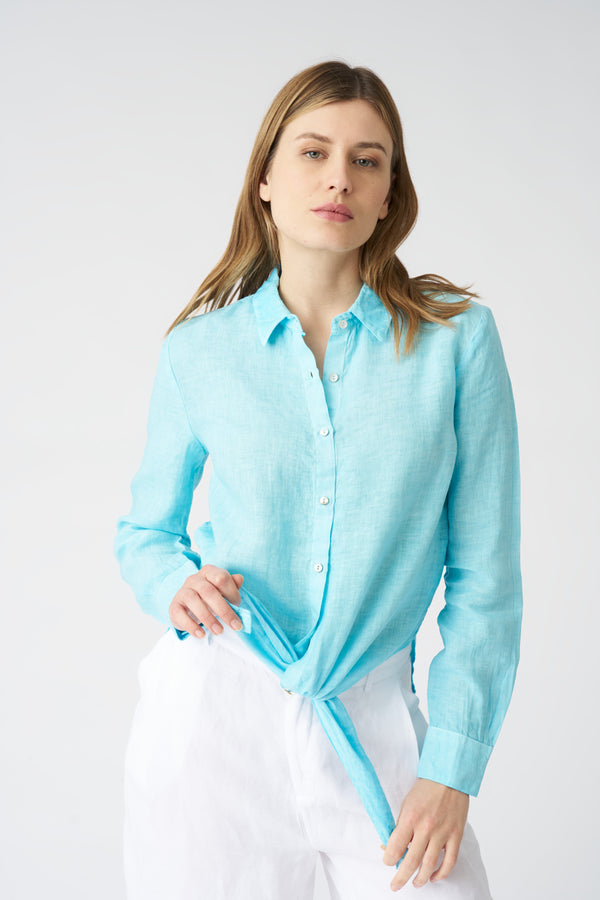 120% Lino Tie-Front Shirt ARUBA BLUE SOFT FADE