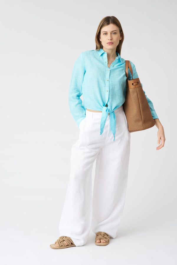 120% Lino Tie-Front Shirt ARUBA BLUE SOFT FADE