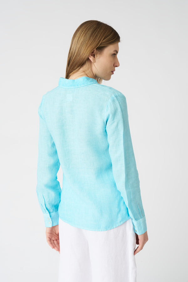 120% Lino Tie-Front Shirt ARUBA BLUE SOFT FADE