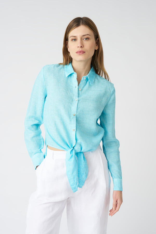 120% lino Tie-Front Shirt ARUBA BLUE SOFT FADE