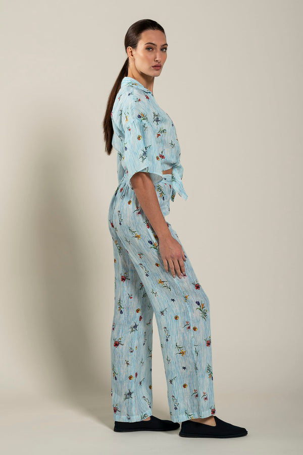 120% Lino Tie-Front Striped Floral Shirt PRINT