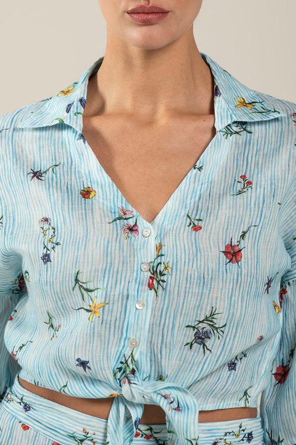 120% Lino Tie-Front Striped Floral Shirt PRINT