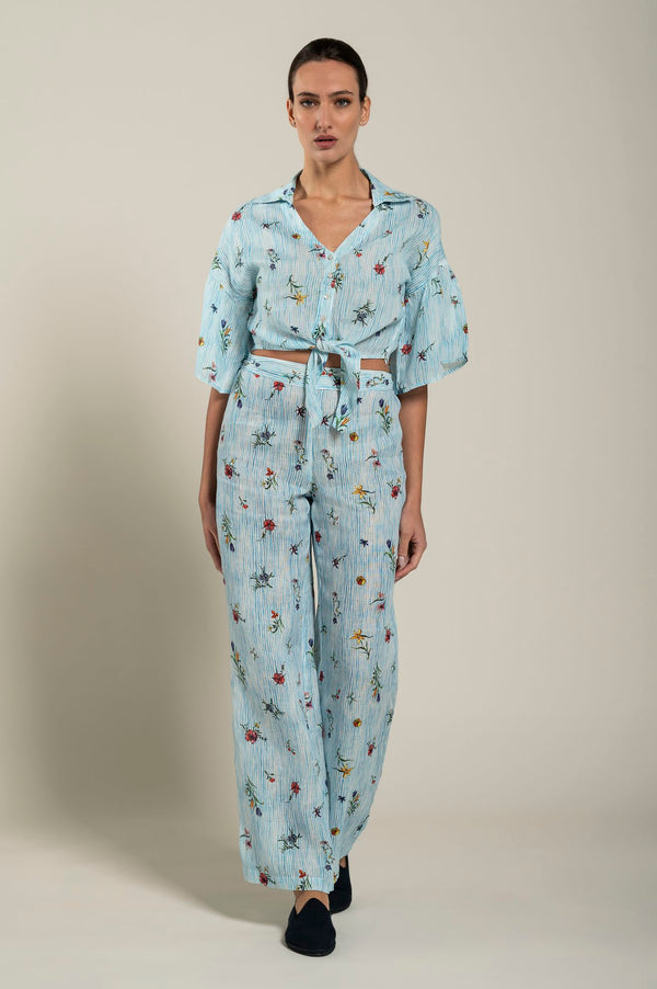 120% lino Tie-Front Striped Floral Shirt PRINT