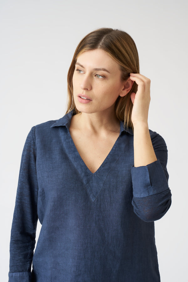 120% Lino V-Neck Long Blouse NAVY FADE