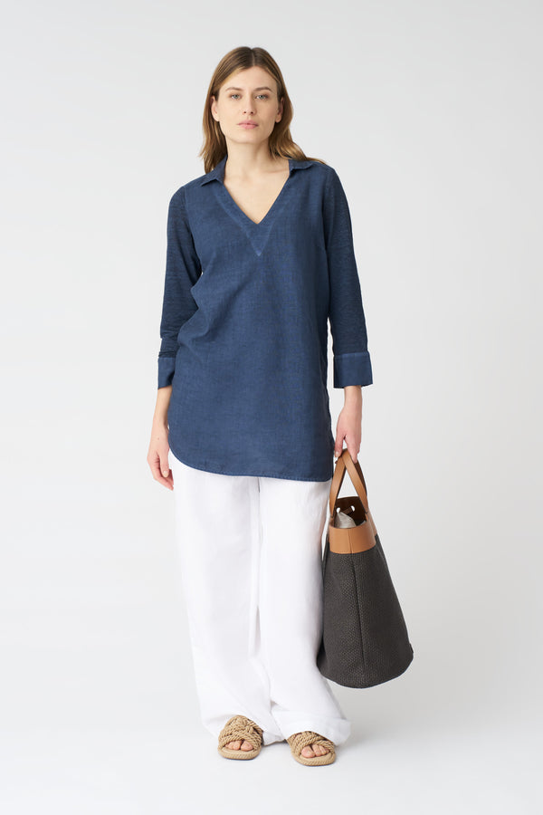 120% Lino V-Neck Long Blouse NAVY FADE