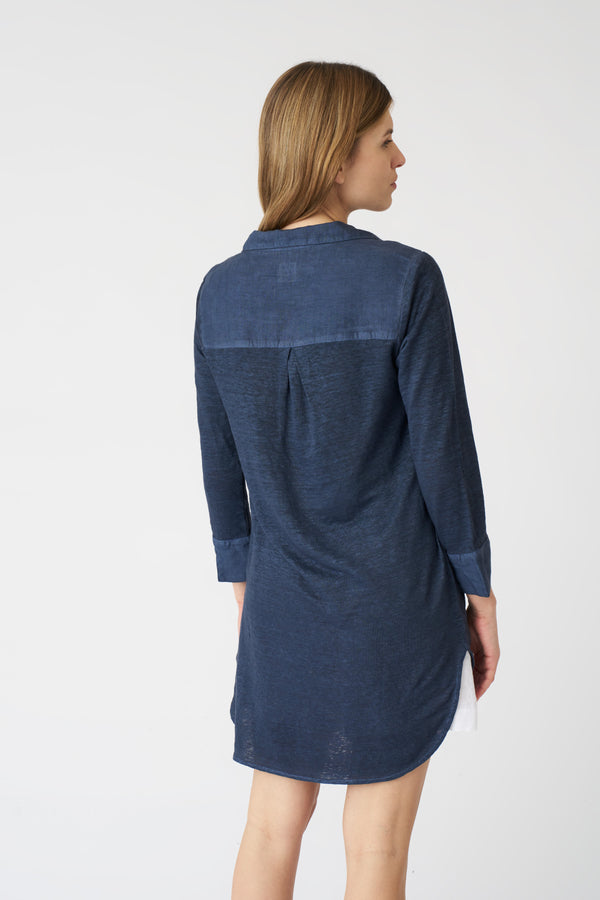 120% Lino V-Neck Long Blouse NAVY FADE