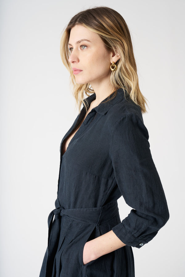 120% Lino V-Neck Shirt Dress With Belt NIGHT BLU