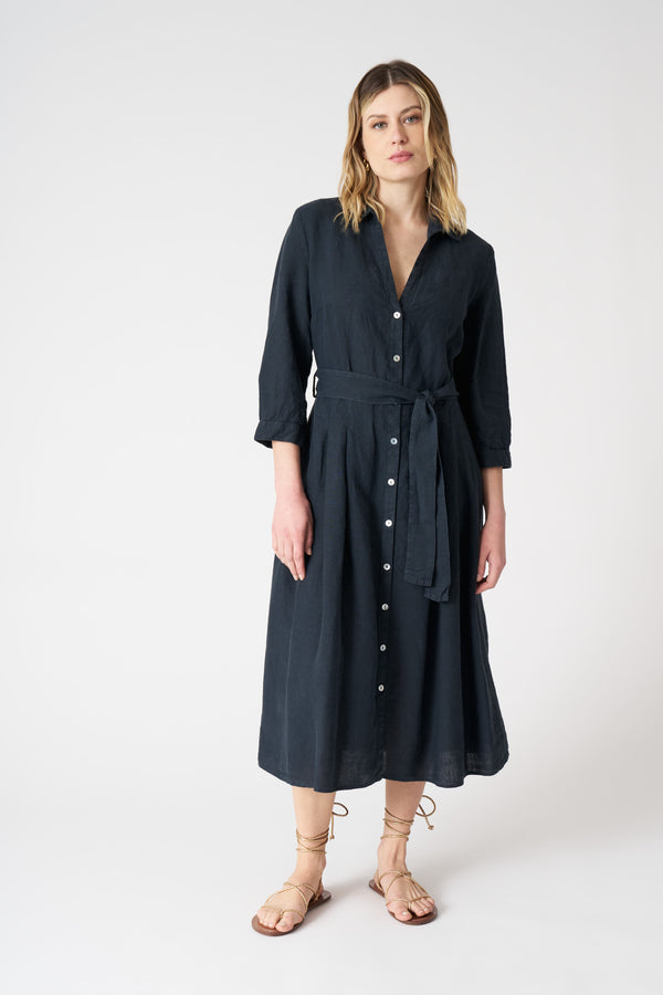 120% lino V-Neck Shirt Dress with Belt NIGHT BLU