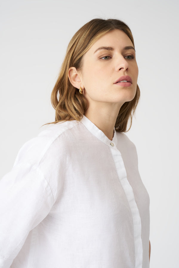 120% Lino White Mandarin Collar Cropped Shirt WHITE