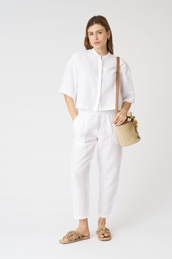 120% Lino White Mandarin Collar Cropped Shirt WHITE