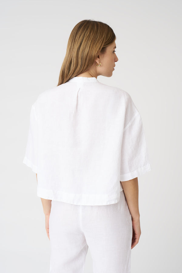 120% Lino White Mandarin Collar Cropped Shirt WHITE