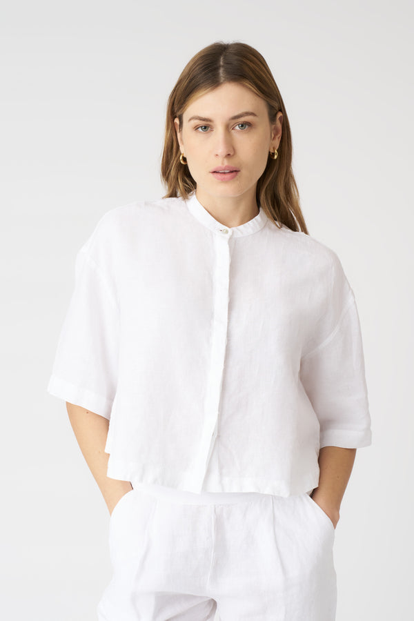 120% lino White Mandarin Collar Cropped Shirt WHITE