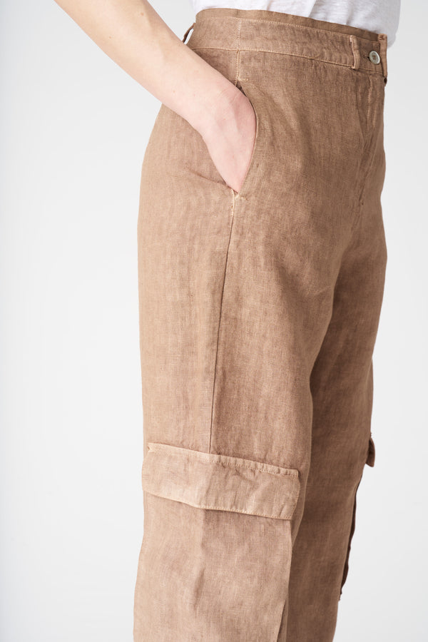 120% Lino Wide Leg Cargo Pant TABACCO SOFT FADE