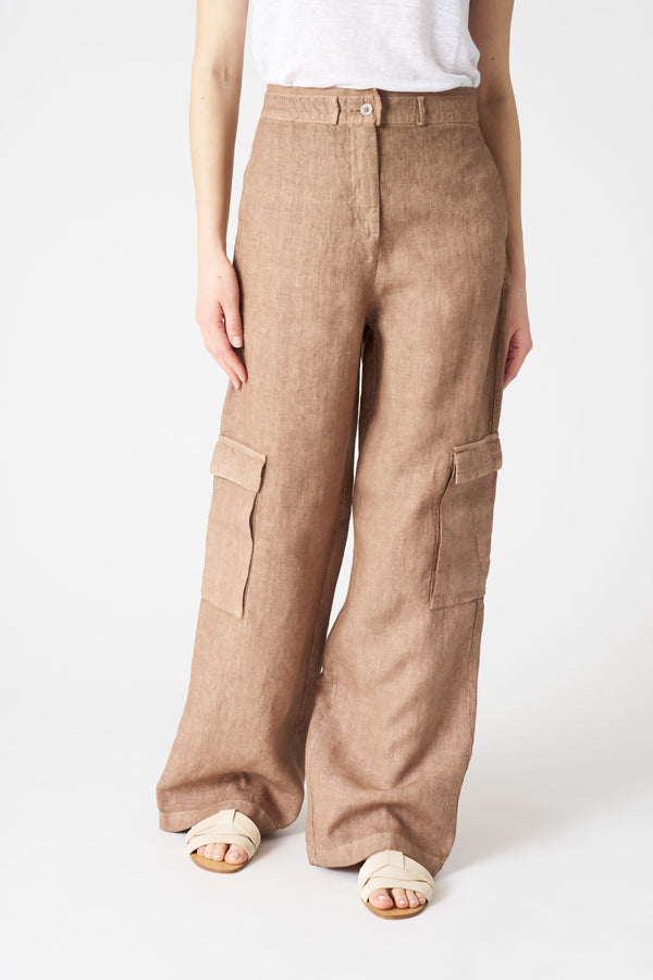 120% Lino Wide Leg Cargo Pant TABACCO SOFT FADE