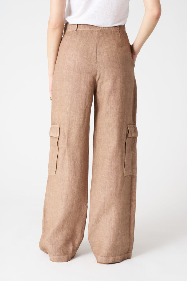 120% Lino Wide Leg Cargo Pant TABACCO SOFT FADE